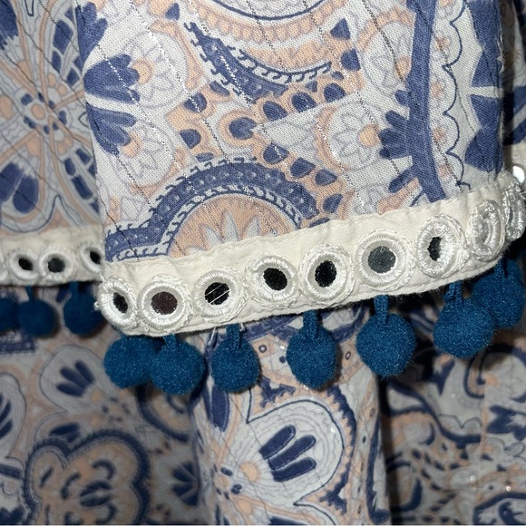 Tularosa Evolette Blue & White Paisley Pom-Pom Metallic Thread Mini Dress Size M - Picture 9 of 16